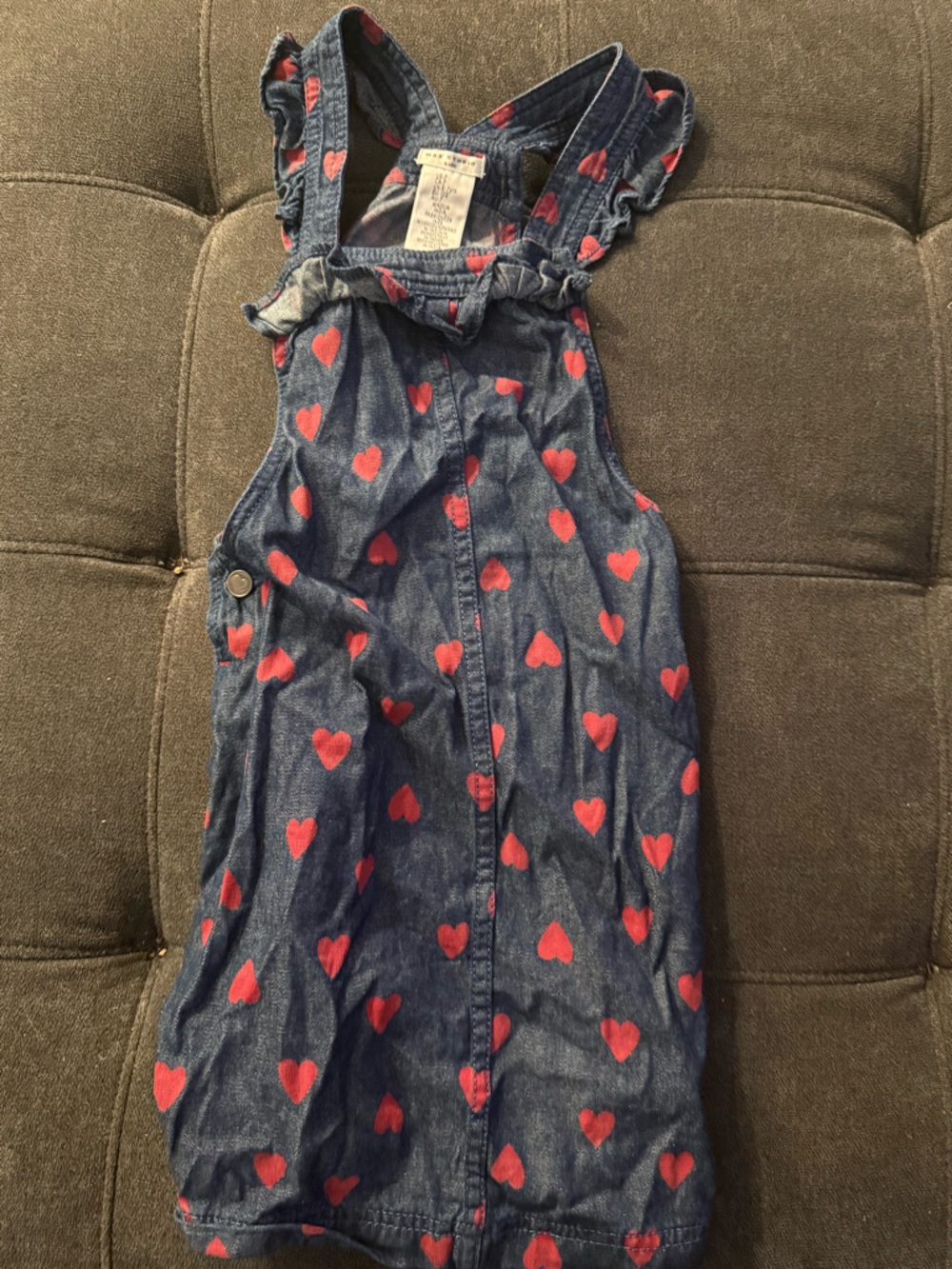 Max Studio Blue Denim-Look Girls Overall Dress with Pink Heart Print